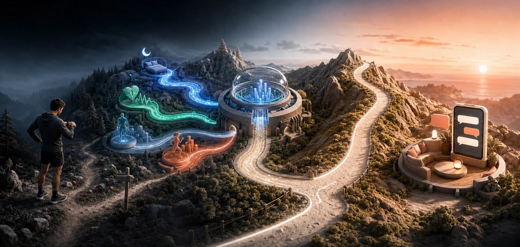 A runner's Garmin signals flowing into one clear route and a conversational coach
